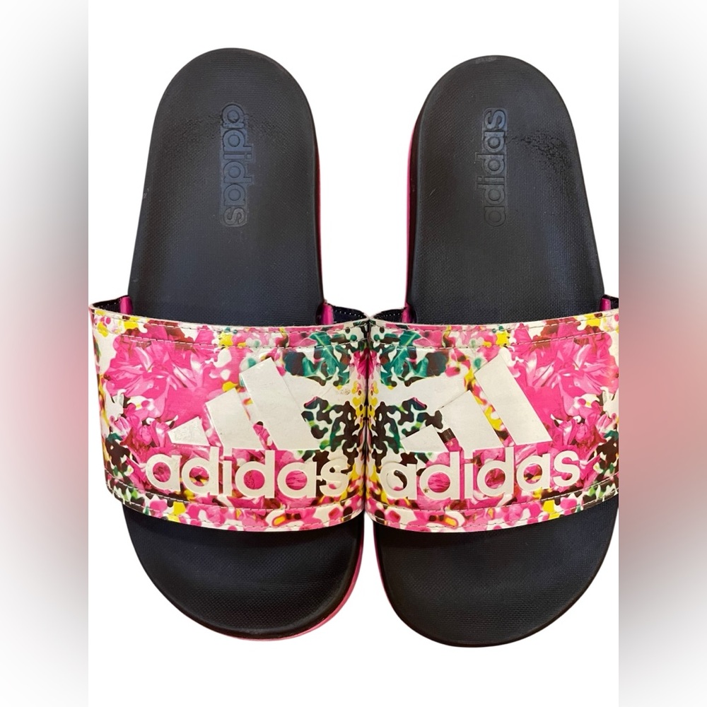Adidas Pink and Black Floral Sandals